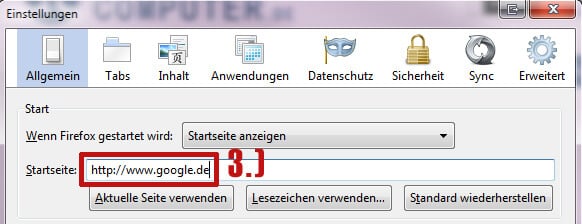 Google als Startseite in Firefox