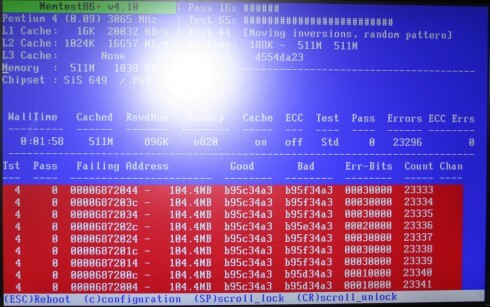 Memtest86 - Auch hier erkennt man einen defekten RAM-Speicher