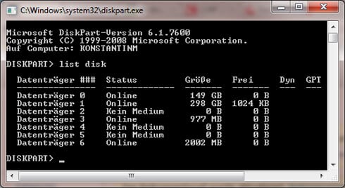 list disk Befehl zeigt Datenträger an