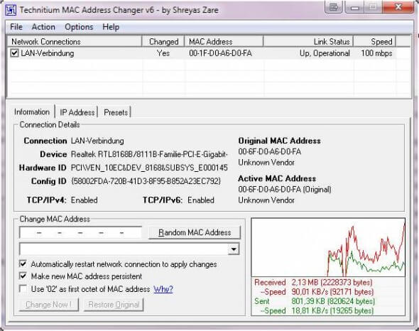 Screenshot: Technitium MAC Address Changer